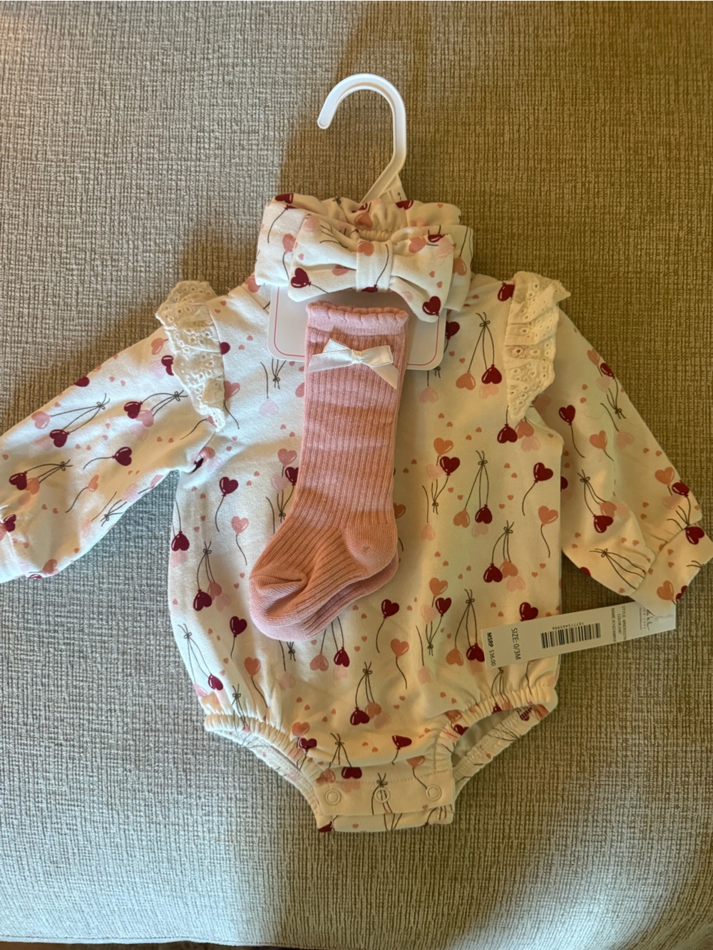 Nicole Miller Cream Heart-Print Romper with Pink Bow Socks